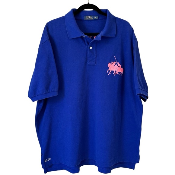 VTG Polo Ralph Lauren Men's 2X Blue Big Pony Polo Shirt Pink Double Pony Logo - Picture 1 of 6
